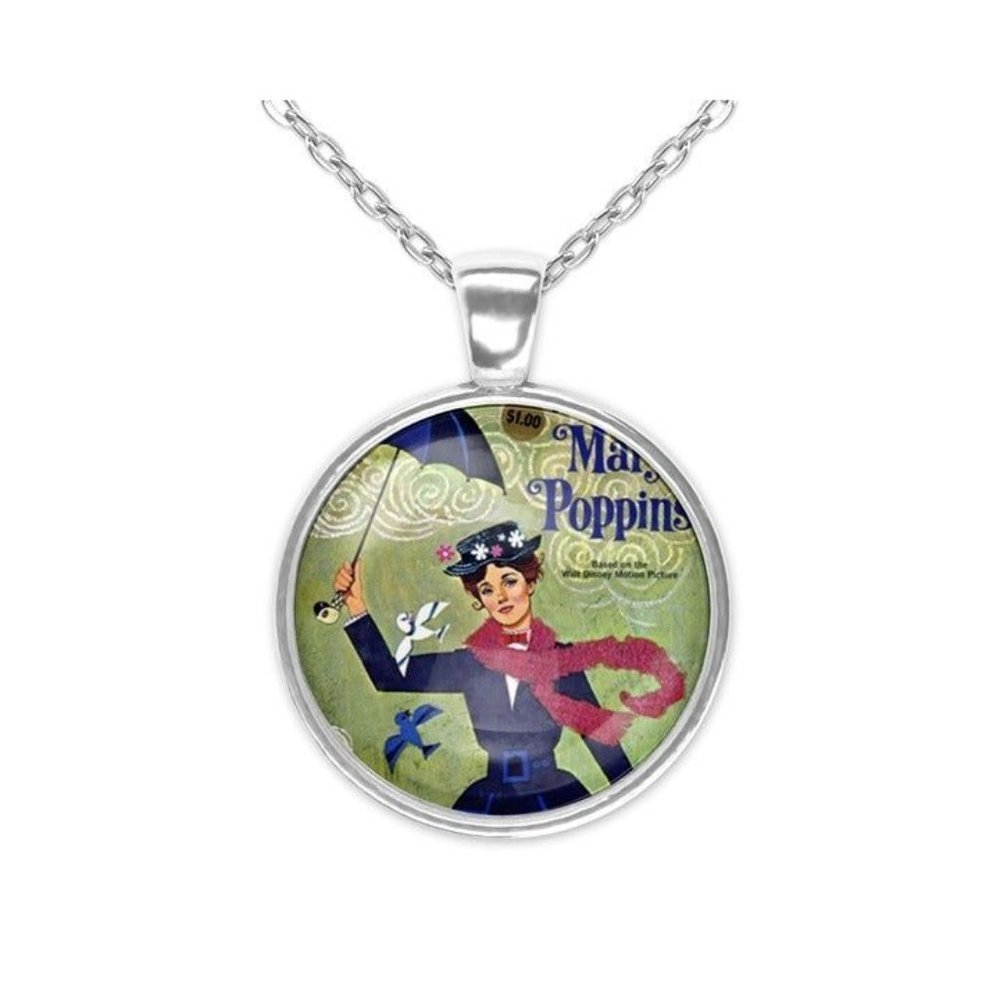 Mary Poppins Retro Movie Art Silver Glass Pendant Necklace New 20 Inch